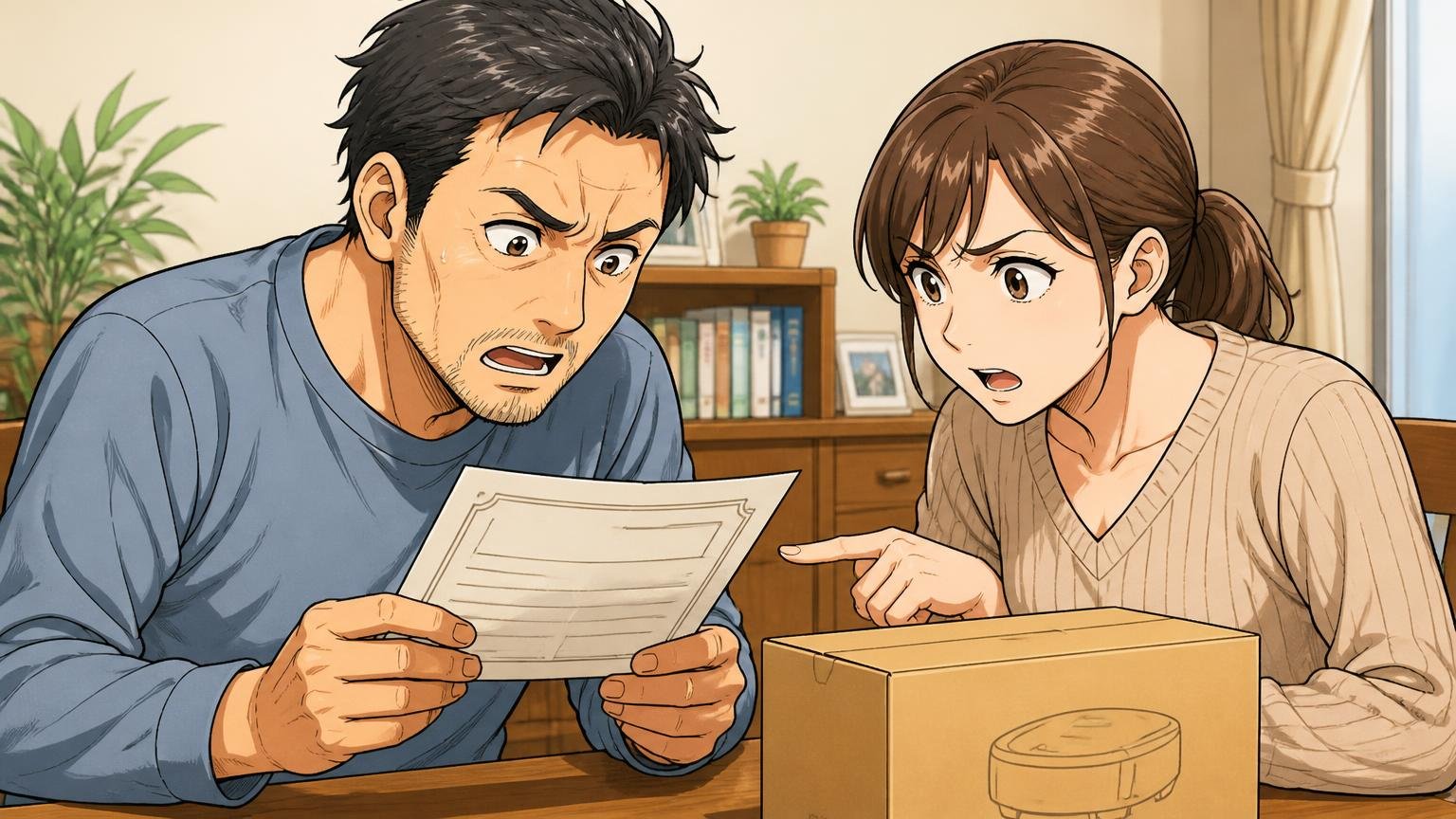 1年無償保証・保証書必須・自己都合返品は不可。自宅の机で保証書と箱を並べて確認する40代男性と30代女性が真剣に話す場面