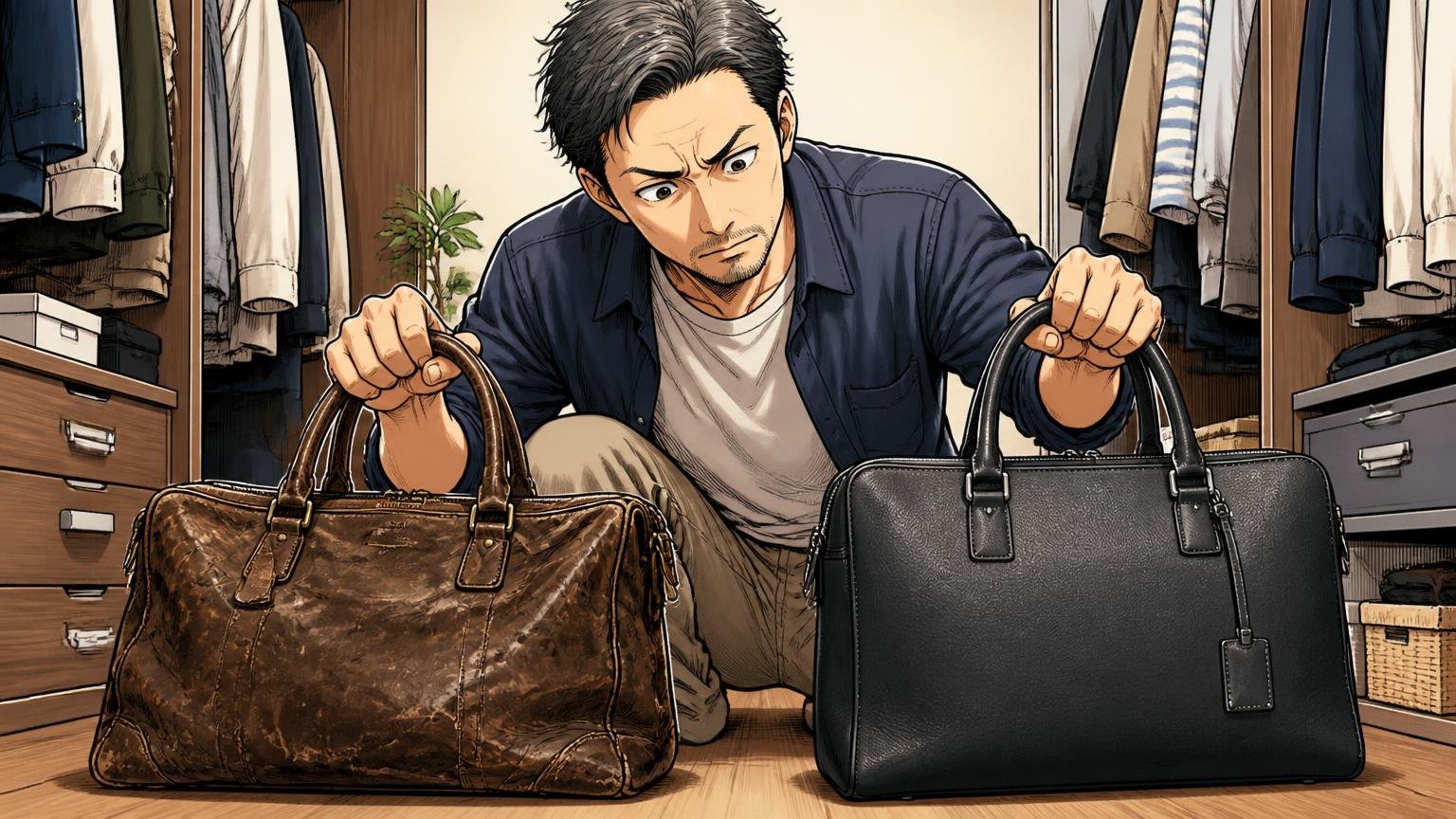 星の数より「型番」と「使用年数」を見る　自宅のクローゼットの前で古いバッグと新しいバッグを並べて見比べる40代男性1人