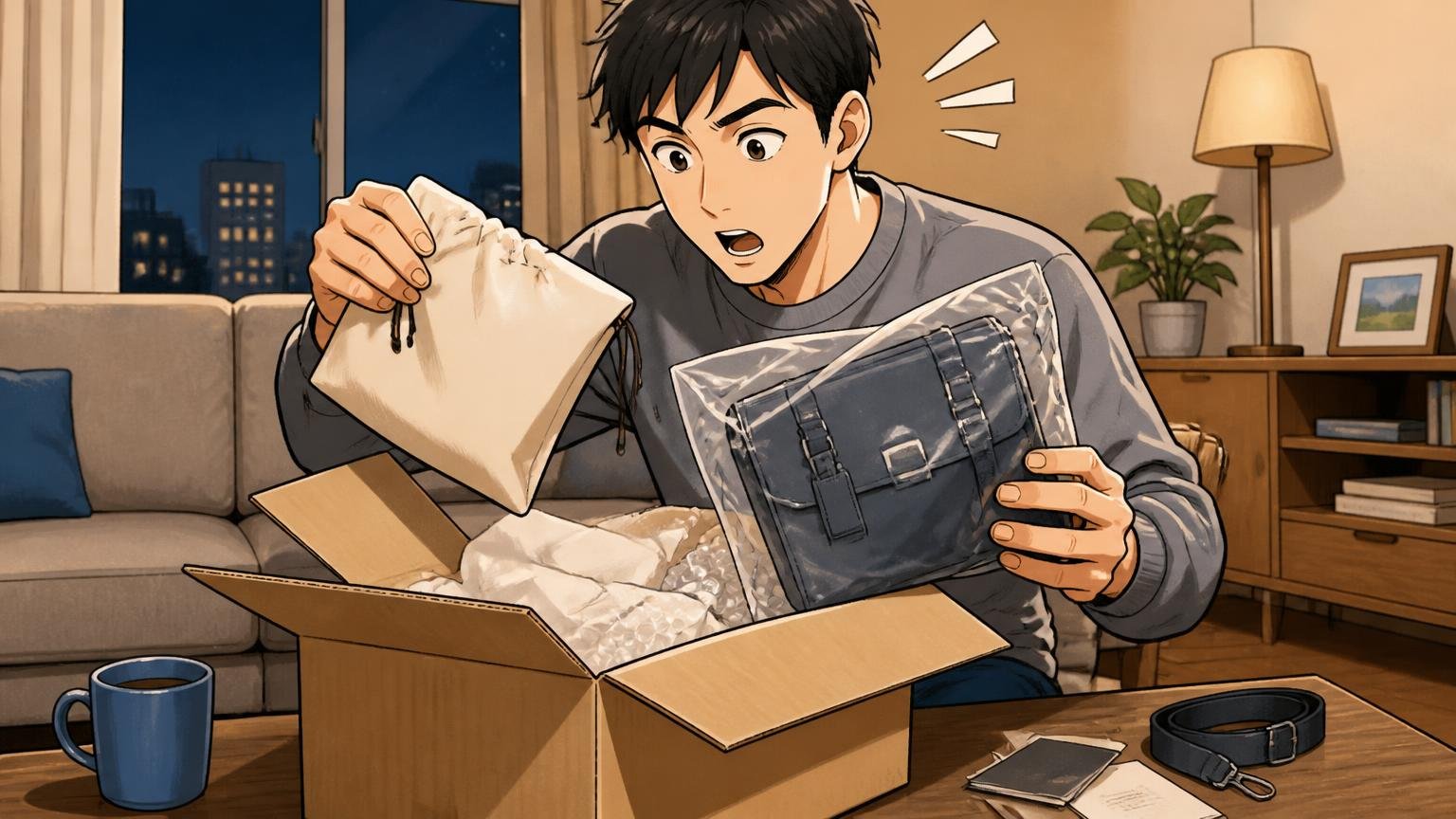 付属品と送料は「商品ページの確認」が鉄則 夜のリビングで届いたバッグの箱を開けて付属品を確かめる男性1人