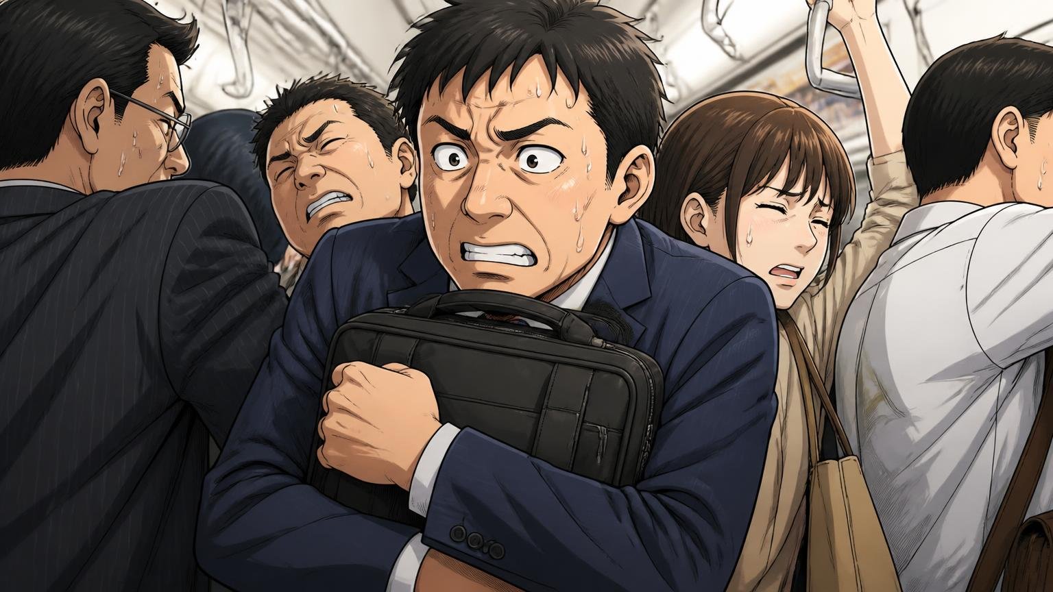重さとPCサイズは「自分の通勤」で考える 満員の通勤電車でバッグを胸に抱える40代男性1人が汗をにじませる場面