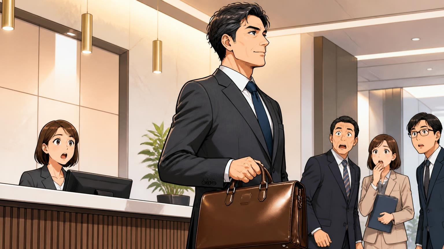 40代の「見え方」は、バッグの角と持ち手で決まる 取引先のオフィスの受付で革のビジネスバッグを持ち背筋を伸ばす40代の男性1人