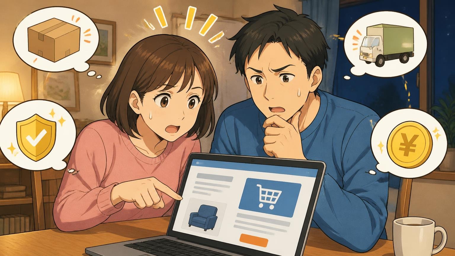公式オンラインで買うなら知っておきたい4つの条件。夜の自宅で30代女性がパソコンの注文画面を前に夫と相談する場面