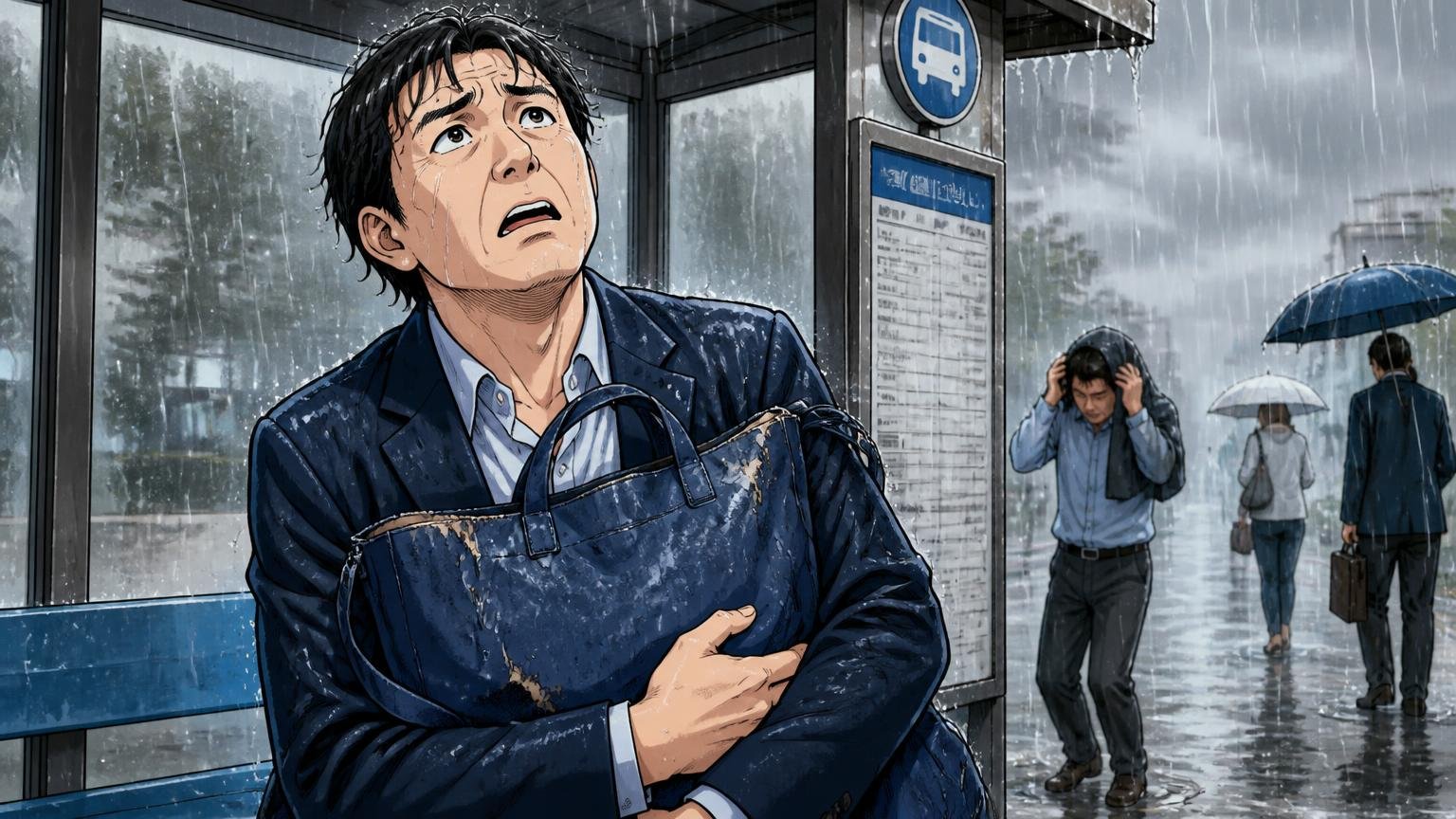 合皮の剥げや雨の染み込み 大雨のバス停で濡れたトートを抱える場面 40代男性1人が困った顔で空を見上げる