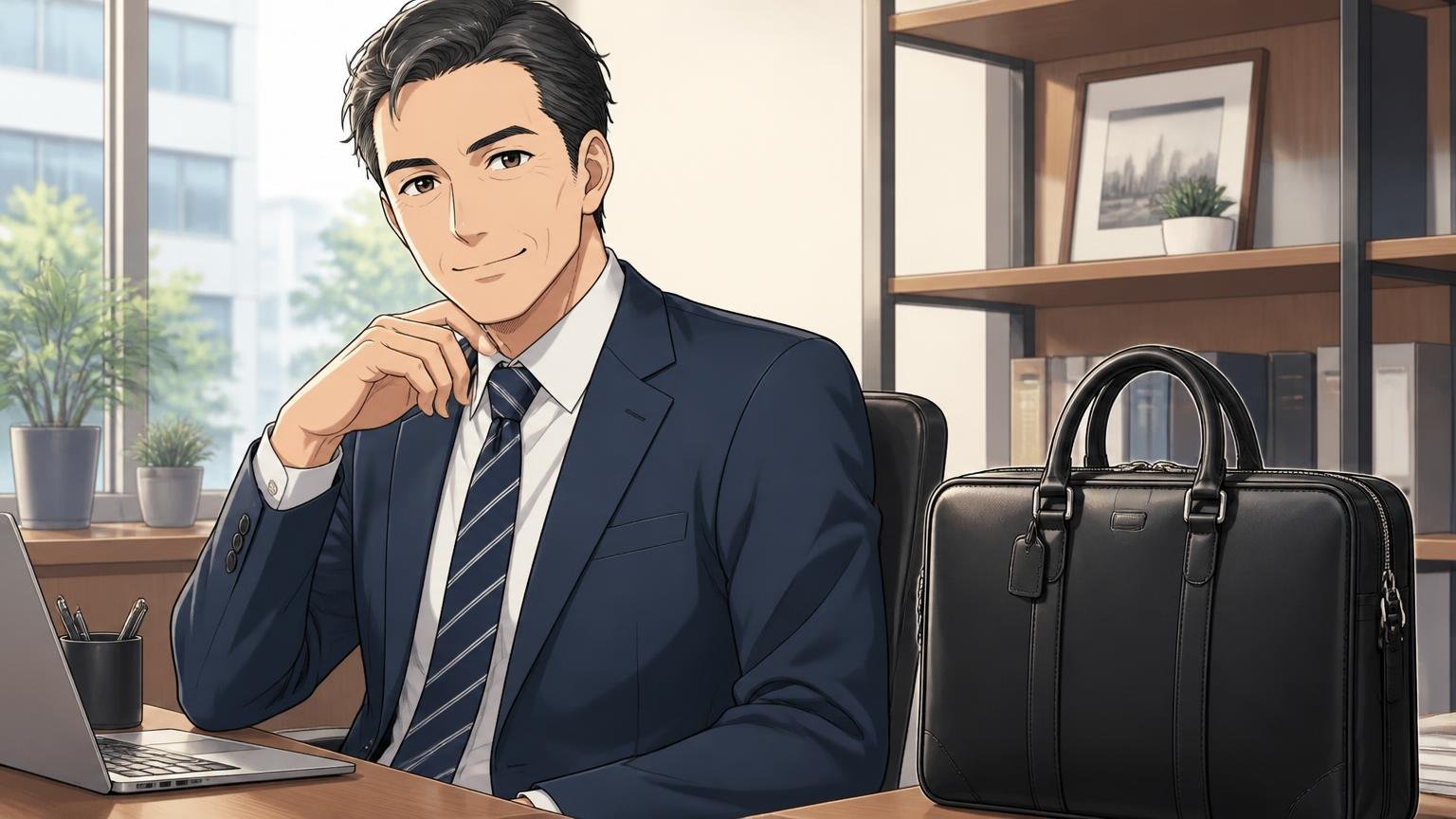40代がバリーを選ぶなら「ロゴ控えめ×落ち着いた色×本革」 オフィスのデスク脇に黒い革のブリーフケースを置き微笑む男性