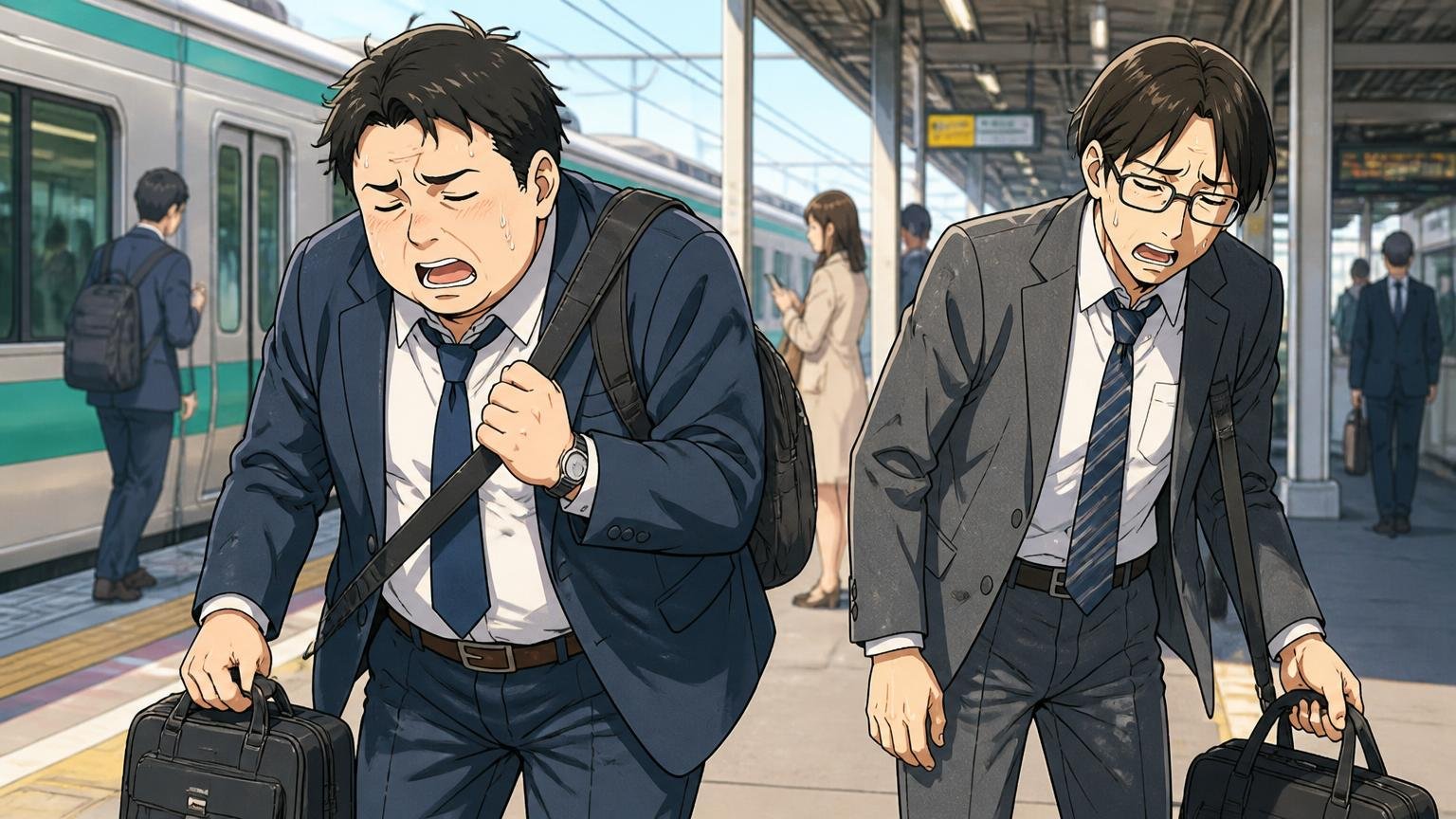 PCが入るか、重さは何gかを先に決める 朝の駅のホームで重いバッグを肩から下ろしてため息をつく会社員2人の場面