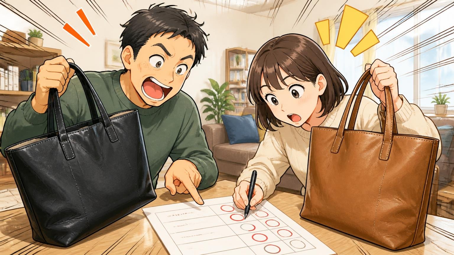 1分でわかる！革トート肩掛け適性セルフチェック 自宅のリビングでチェックシートに丸をつけながら革トートを見比べる夫婦2人