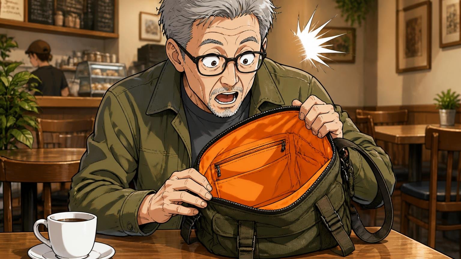 「中のオレンジが明るすぎる」ミリタリー色は好みが分かれる。カフェのテーブルでバッグを開けて鮮やかな内装に目を丸くする60代男性1人の場面