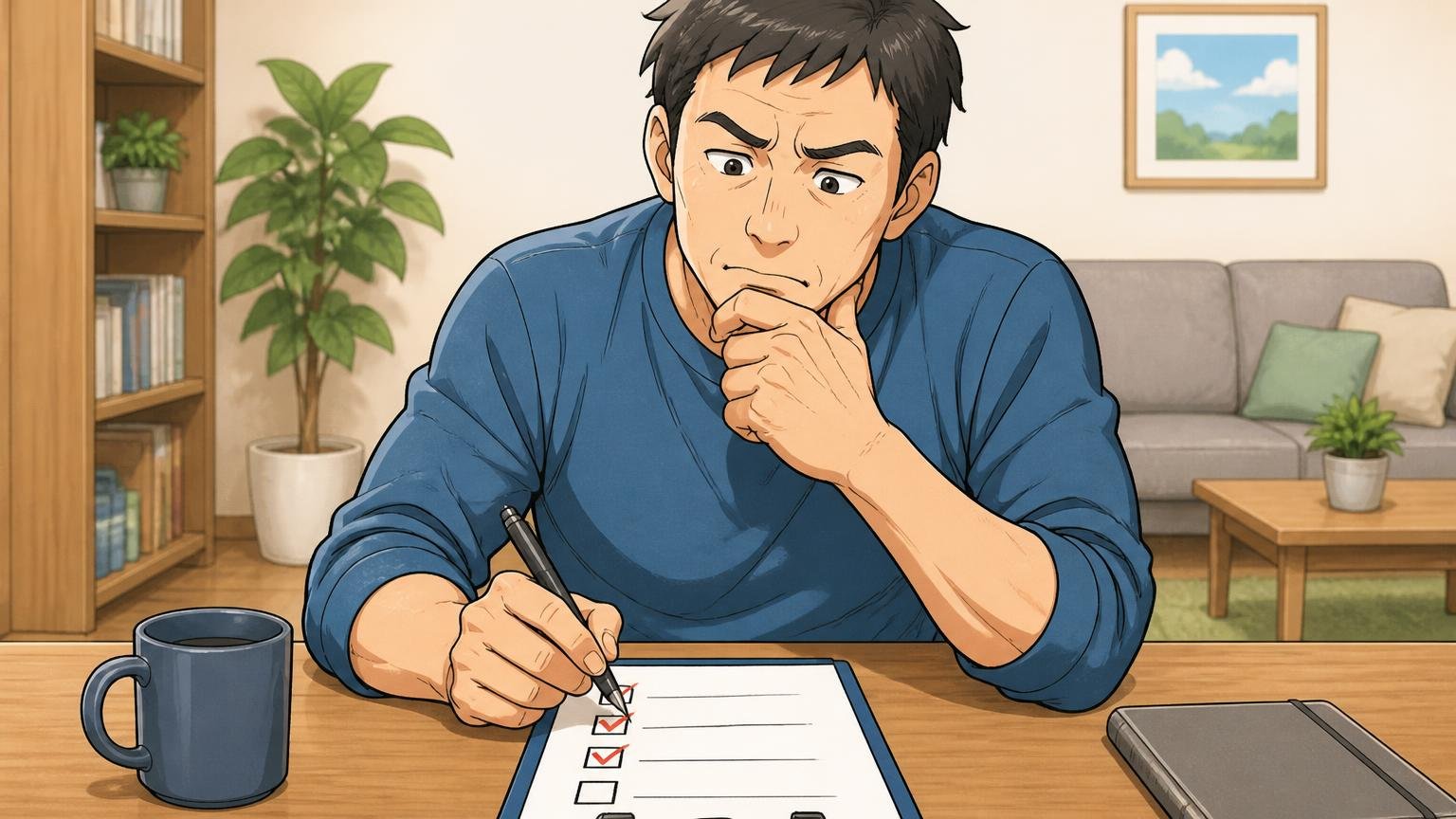 迷ったときの5つのセルフチェック 自宅のテーブルでチェックリストに印をつけながら考える40代男性1人