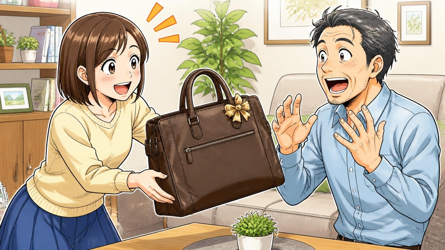 家族へのプレゼントで選ぶときの注意点 自宅のリビングで夫に革のビジネスバッグを手渡して喜ばれる30代女性1人と40代男性1人