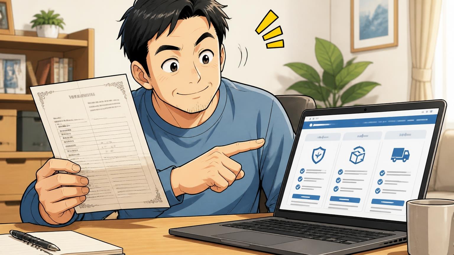 公式の保証・返品・送料の条件で裏付けを取る、自宅の机で保証書と公式サイトの画面を見比べる40代男性が指差し確認しながらうなずく場面