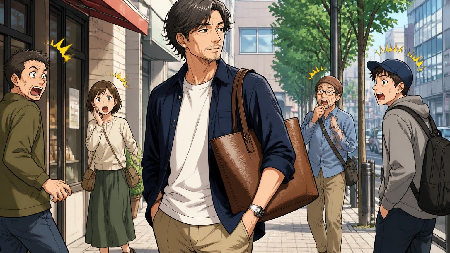 ダサいは本当かデザインを検証 休日の街角で革トートを持ちカジュアル服で歩く40代男性1人