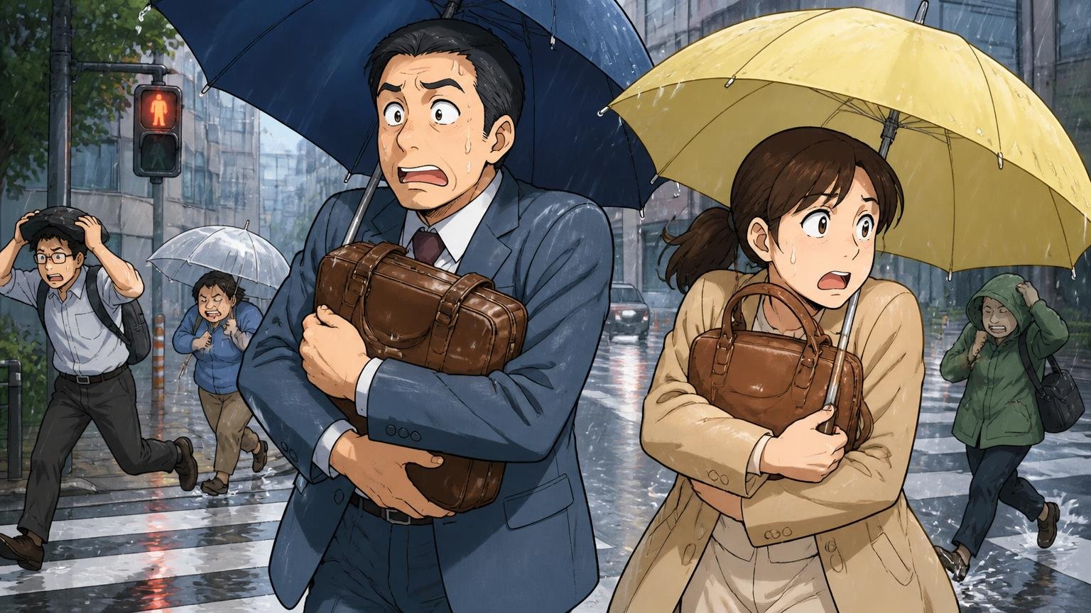 雨の日の持ち方と、カバー・袋の備え、雨の交差点で傘を差した40代男性と30代女性が革のバッグを胸の前に抱えて歩く場面