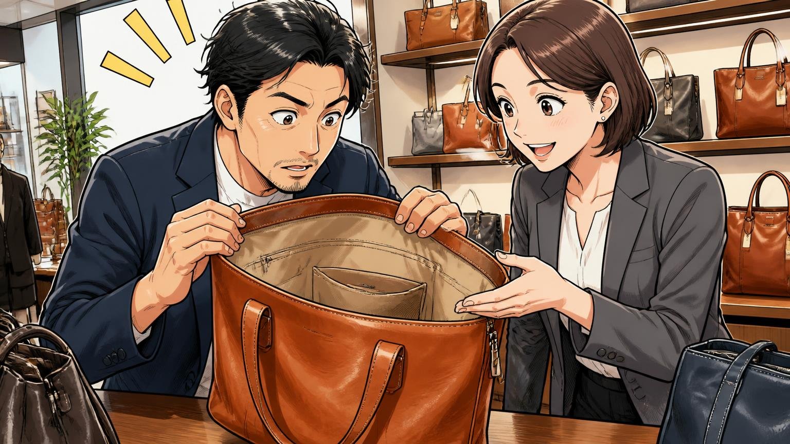 買う前に確認したい5つのチェックリスト、ショールームで店員と一緒に革トートの中身を確かめる40代男性1人と女性店員1人