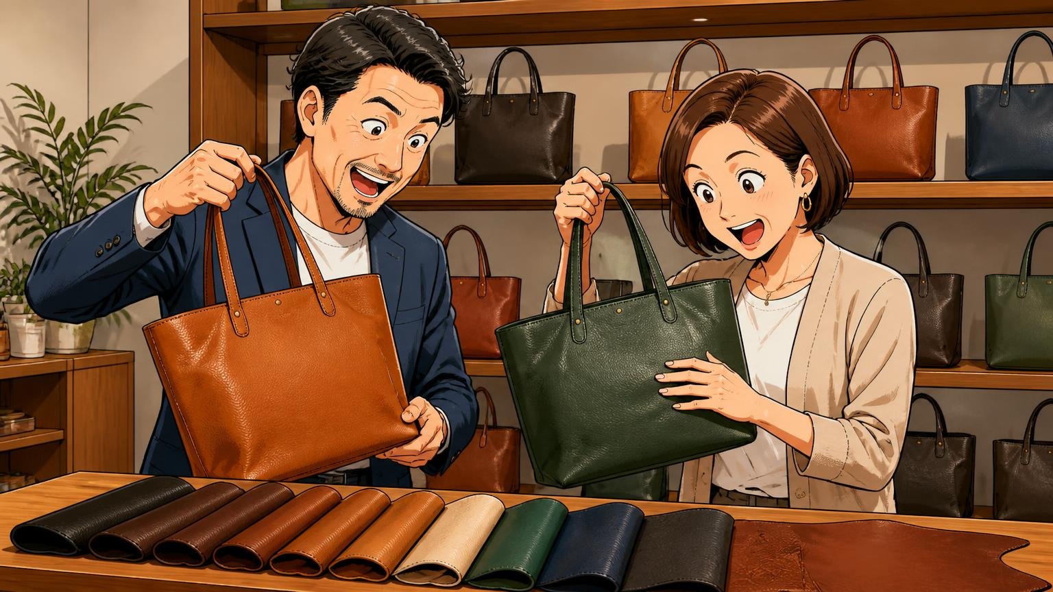 革の種類と仕上げを公式に開示　ショールームの棚で色違いの革のトートを手に取り質感を比べる40代男女2人の場面