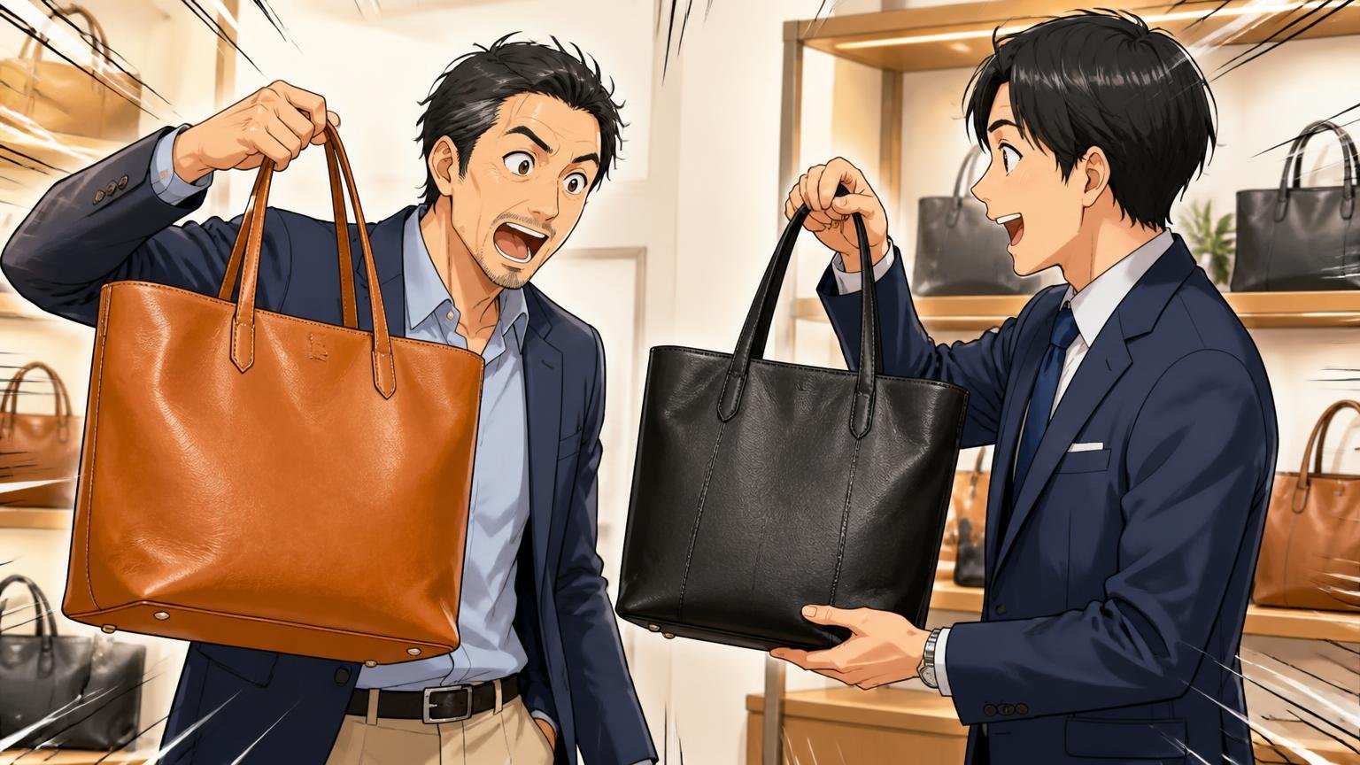 同じブランドでも重さとサイズはモデルでこんなに違う、ショールームの棚で2つの革トートを持ち比べる40代男性と店員