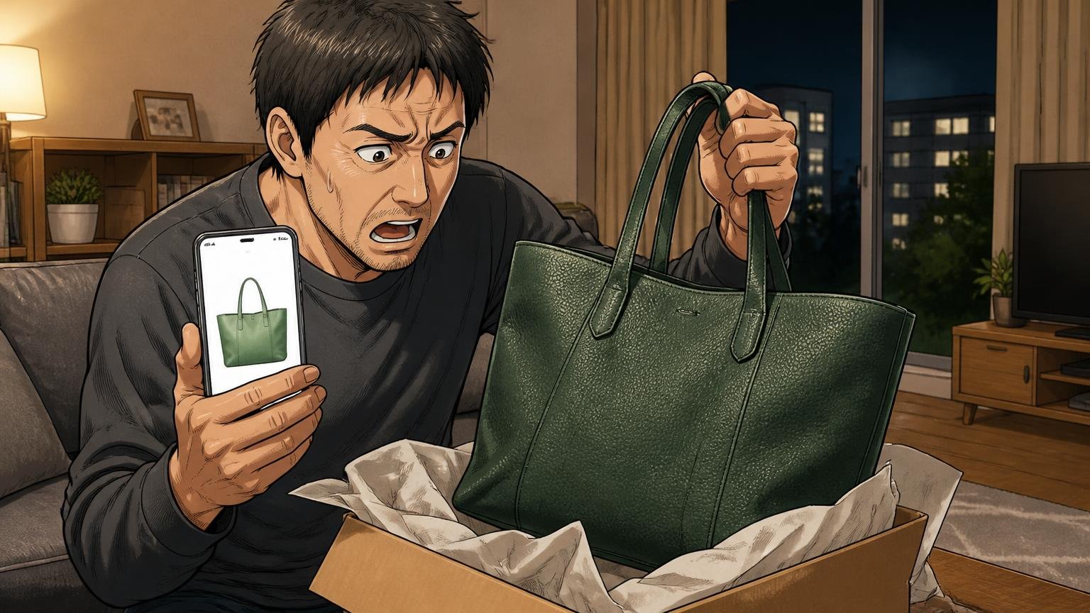 「写真より色が濃い」「旧モデルが手に入らない」/夜のリビングで届いた箱から緑の革トートを出し、スマホ画面と色を見比べる40代男性1人