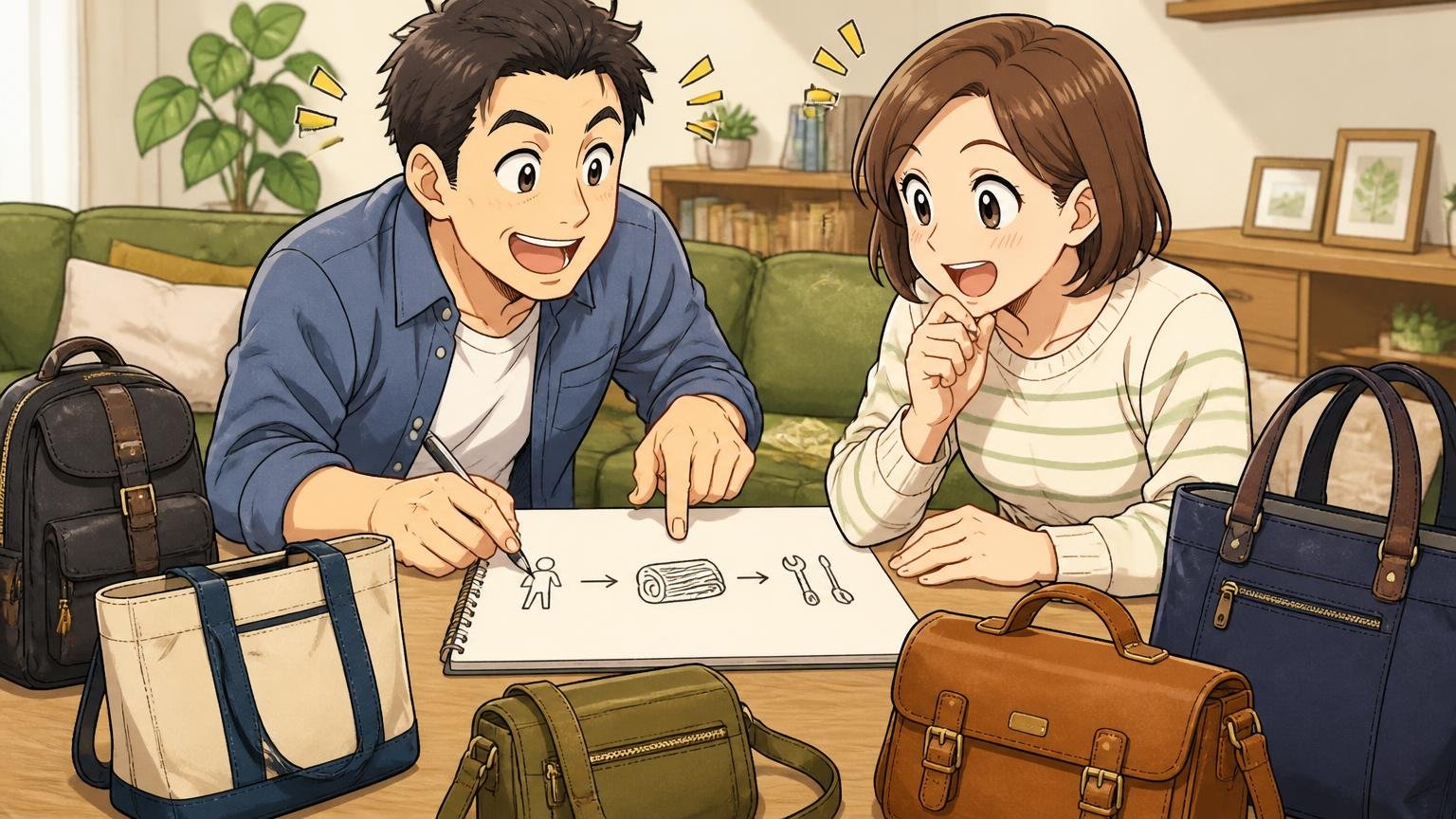 迷ったときは「用途→素材→修理」の順に決める 自宅のリビングで夫婦がノートに書き出しながらバッグ選びの順番を相談する場面