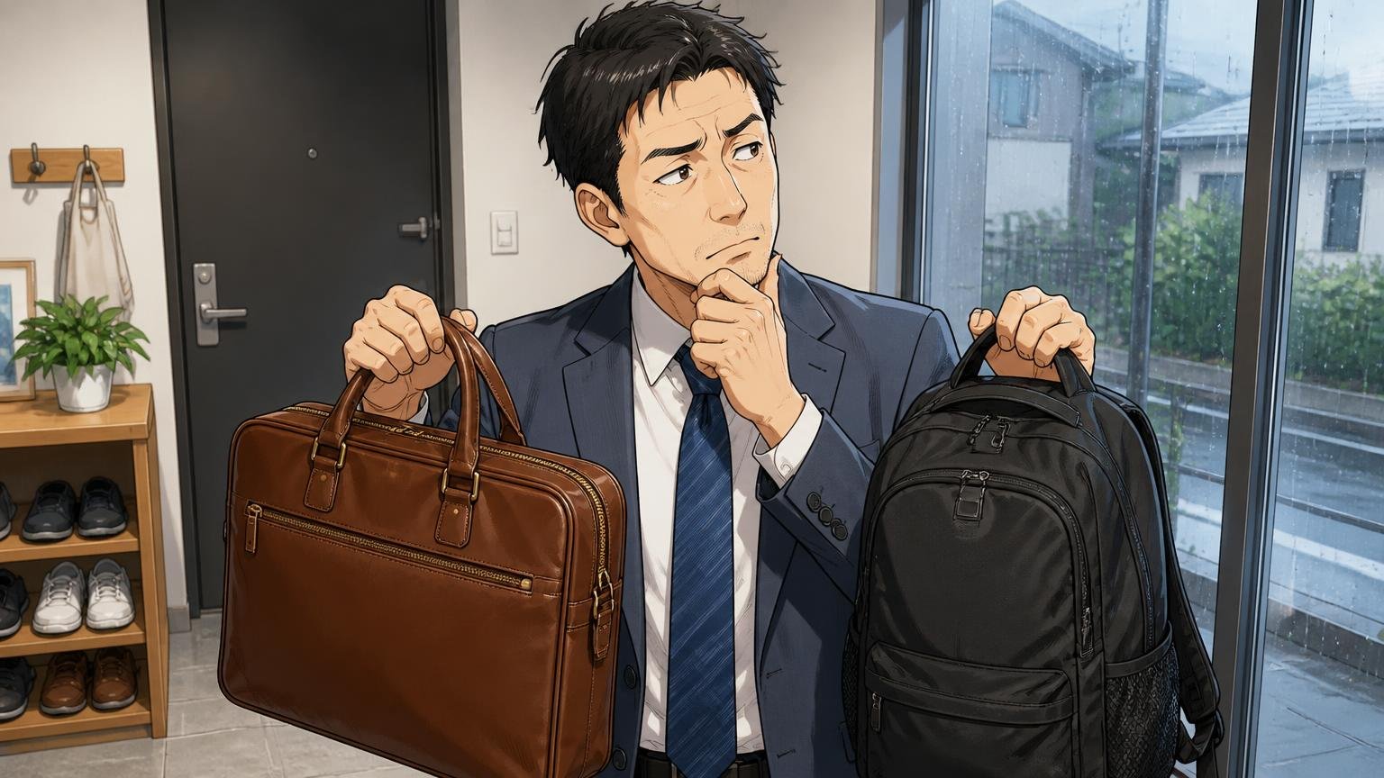 迷ったら「PCの日」と「雨の日」で使い分ける 朝の玄関で革のビジネスバッグとナイロンのリュックを見比べる場面、40代男性1人、窓の外を見て考え込む