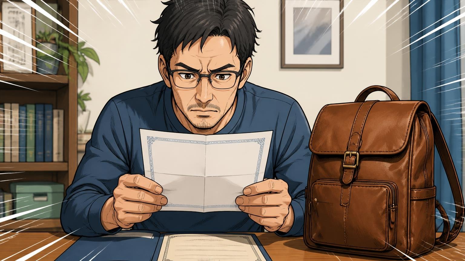 保証は1年・修理は有償で約4週間、返品は到着後7日以内、自宅の机で保証書と革リュックを並べる40代男性1人が書類を真剣に読み込む場面