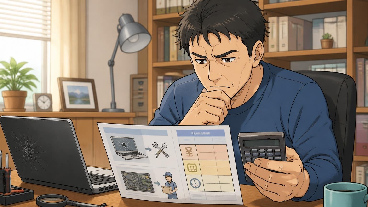 修理は有償、費用と期間の目安を先に知っておく 自宅の書斎でパソコンの修理案内を読む40代男性1人が電卓を手に考え込む場面