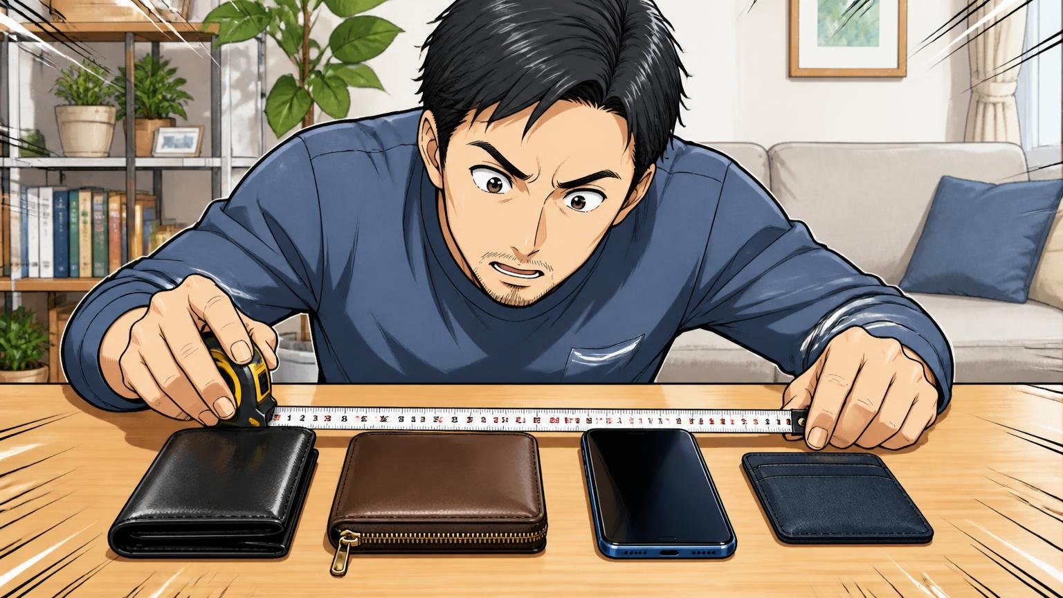 買う前に確認したい4つのポイント 自宅のテーブルに財布やスマホを並べてメジャーでサイズを測る40代男性1人
