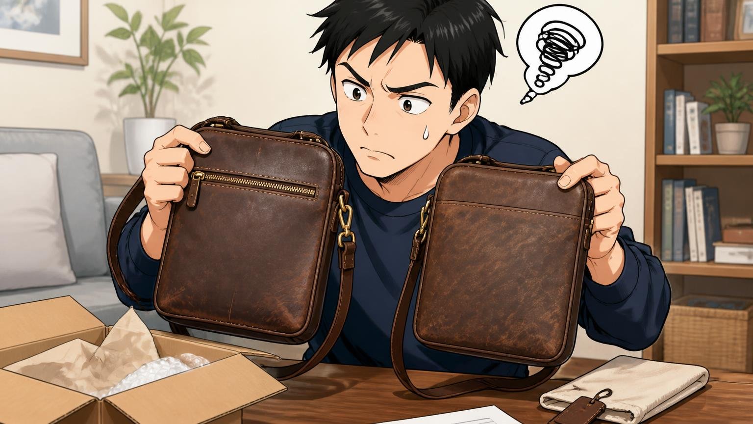 個体差・キズ・色落ちの声と、購入前にできる対策 自宅のテーブルで届いた革のショルダーの表と裏を見比べて眉をひそめる男性の場面