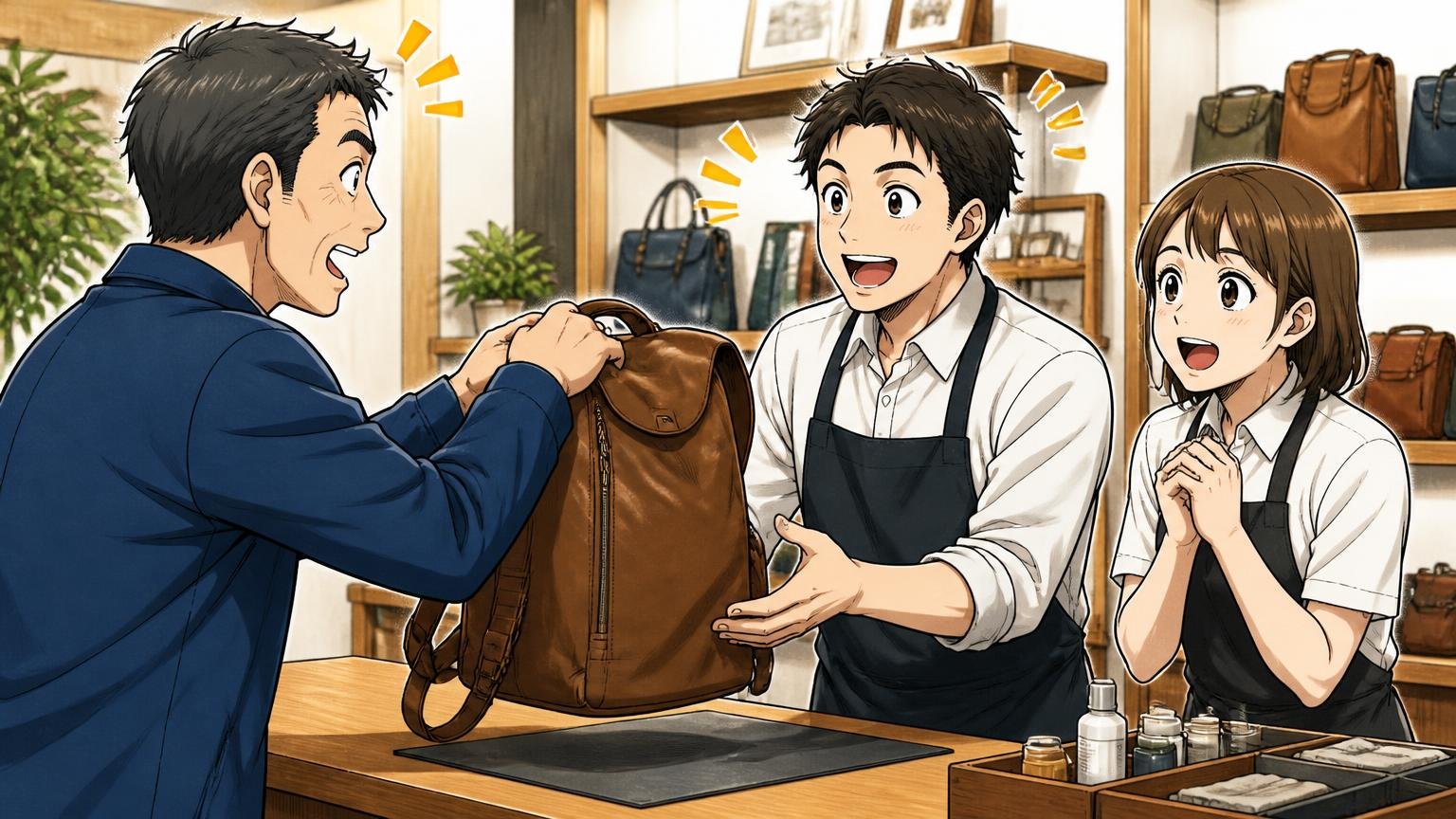 「永久サポート」の中身：無料でできること・費用がかかること 店舗のカウンターで店員に革リュックを手渡す40代男性と店員2人の場面
