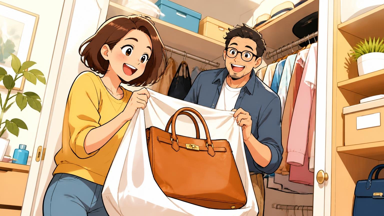 カビと型崩れを防ぐ保管 自宅のクローゼットの扉を開けて布袋の革バッグに風を通す30代女性と40代男性の2人がにっこり