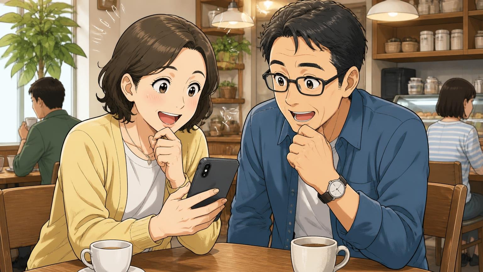 使用年数が書かれた声を優先して読む、カフェの席でスマホの口コミを読む40代女性と40代男性の2人がうなずき合う場面