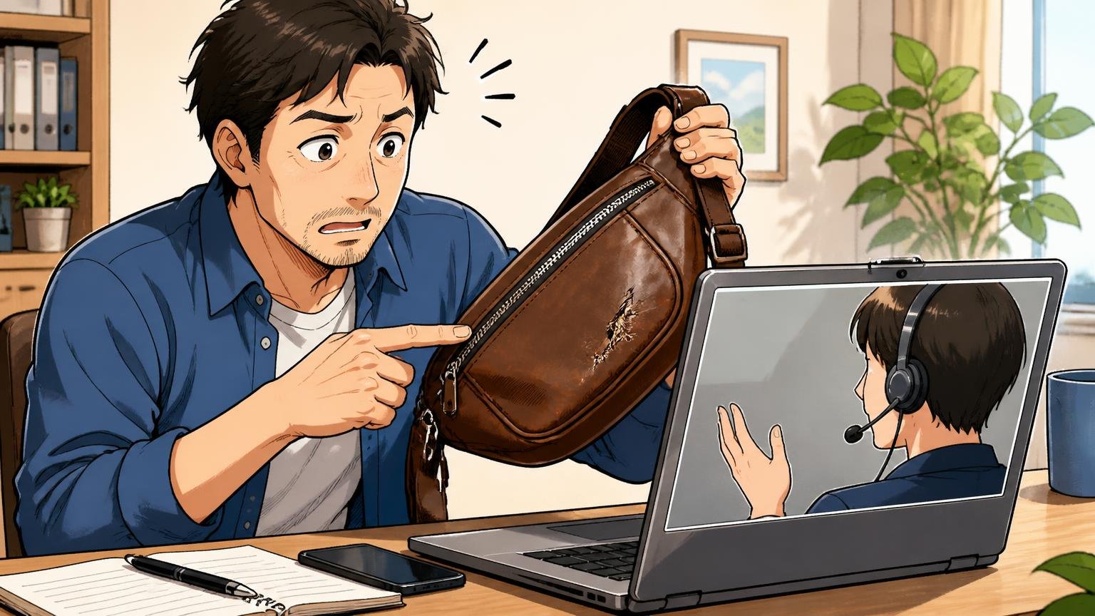 公式に修理窓口あり、ただし条件は事前に確認を 自宅のデスクでノートパソコンを開き革のボディバッグを撮影して修理を相談する40代男性1人