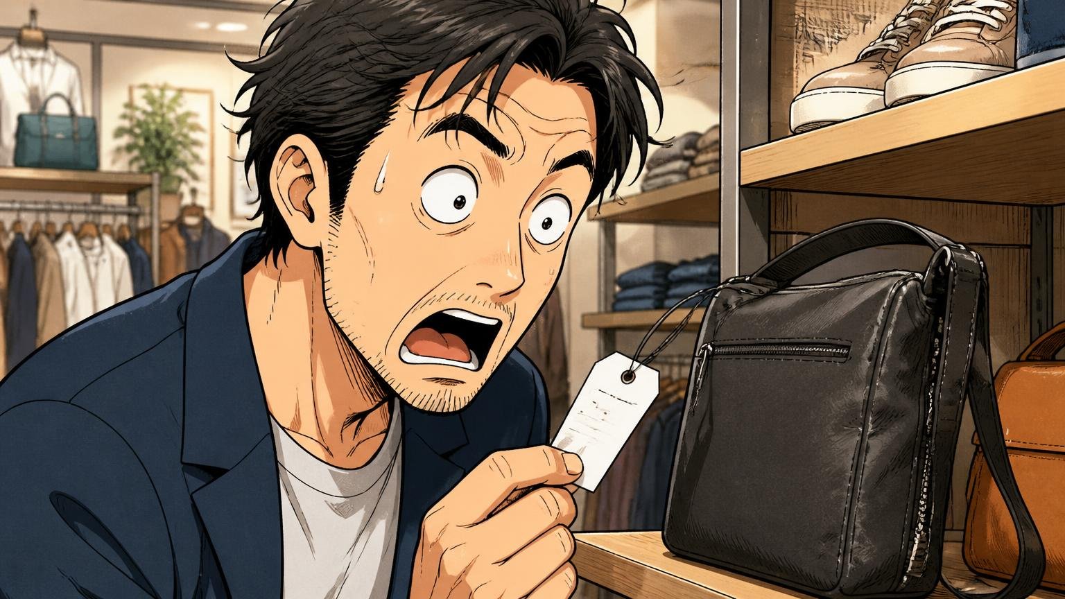 価格は3万円台後半〜10万円弱、高いのか?、セレクトショップの棚の前で40代男性1人が値札を見て目を見開く場面