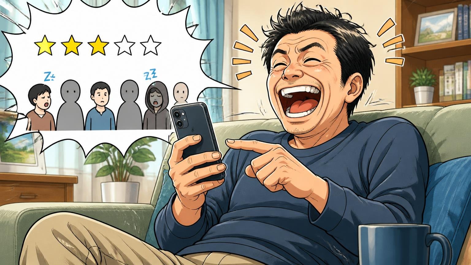 ランキングサイトの★には、使っていない人の票も混ざる 自宅のソファでランキングサイトの星マークを見て思わず吹き出す40代男性1人