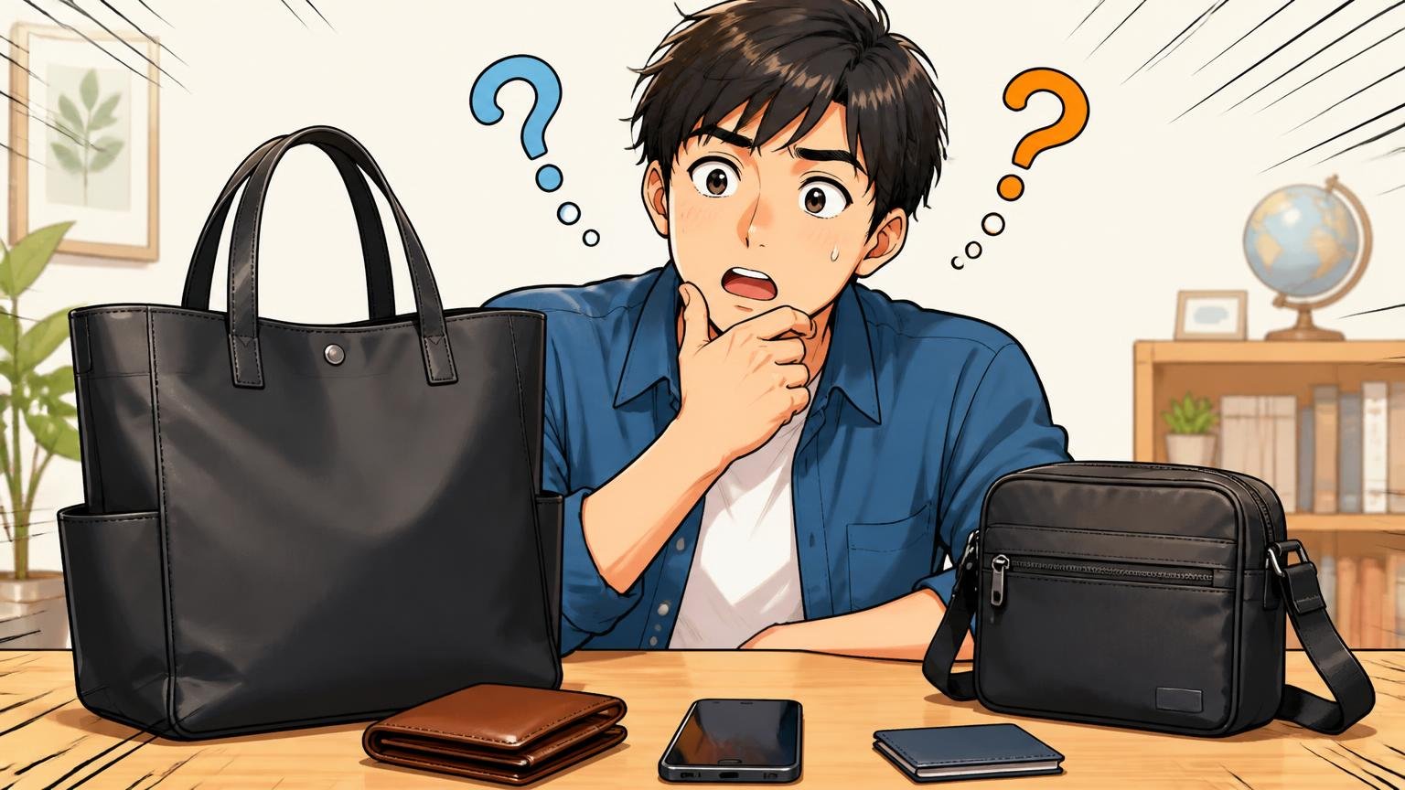大と小、どっちを選ぶ？サイズ選びで後悔しないコツ、自宅の机に財布やスマホを並べて大小のバッグを比べる男性の場面