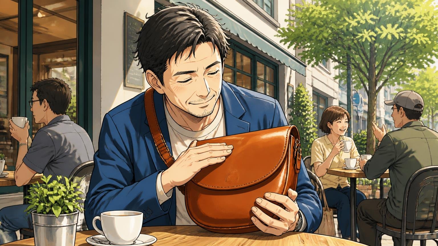鞄いたがきが向いている人、休日のカフェのテラスで飴色に育った鞍形のショルダーバッグをなでてにっこりする40代男性1人