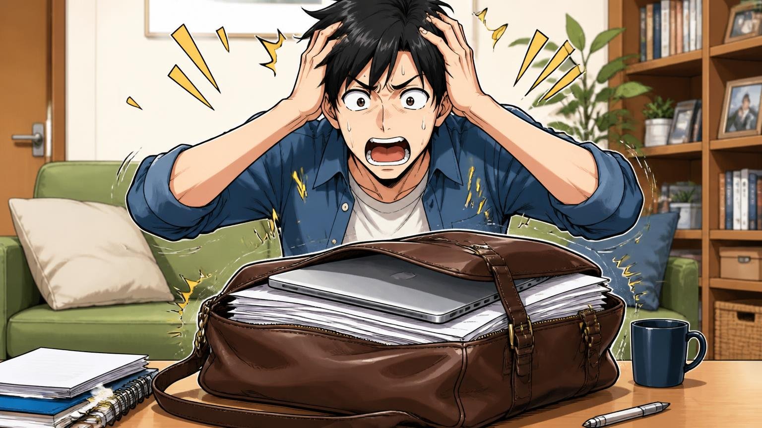 荷物量に合ったサイズを選び、型崩れを防ぐ 自宅のリビングで男性が書類とノートパソコンを詰め込みすぎて膨らんだ革バッグを前に頭を抱える場面