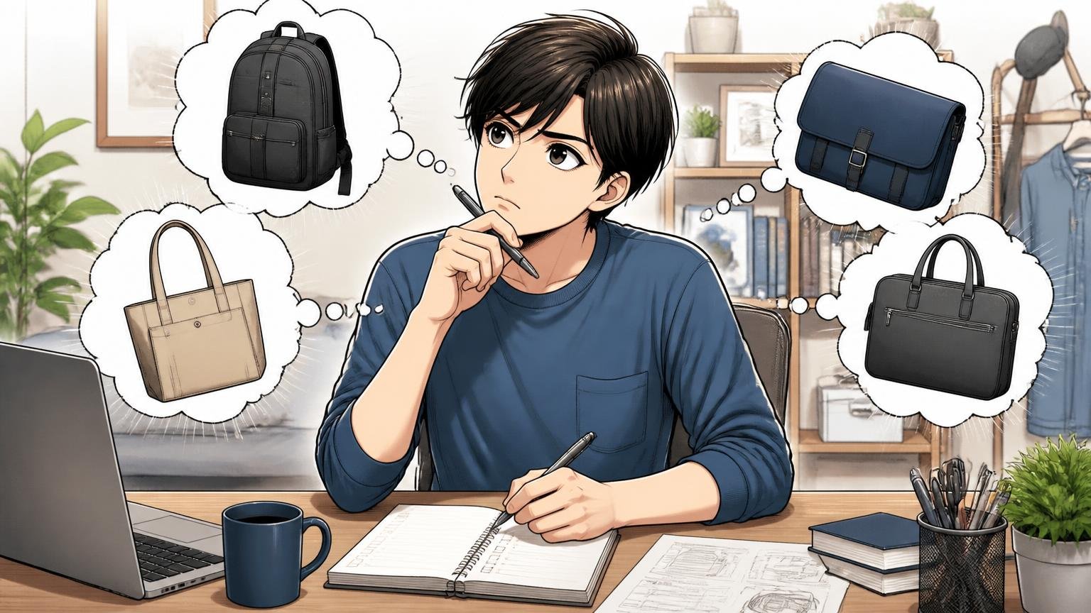 1分でできる向き不向きセルフチェック。自宅のデスクで男性がメモを取りながらバッグ選びを考える場面