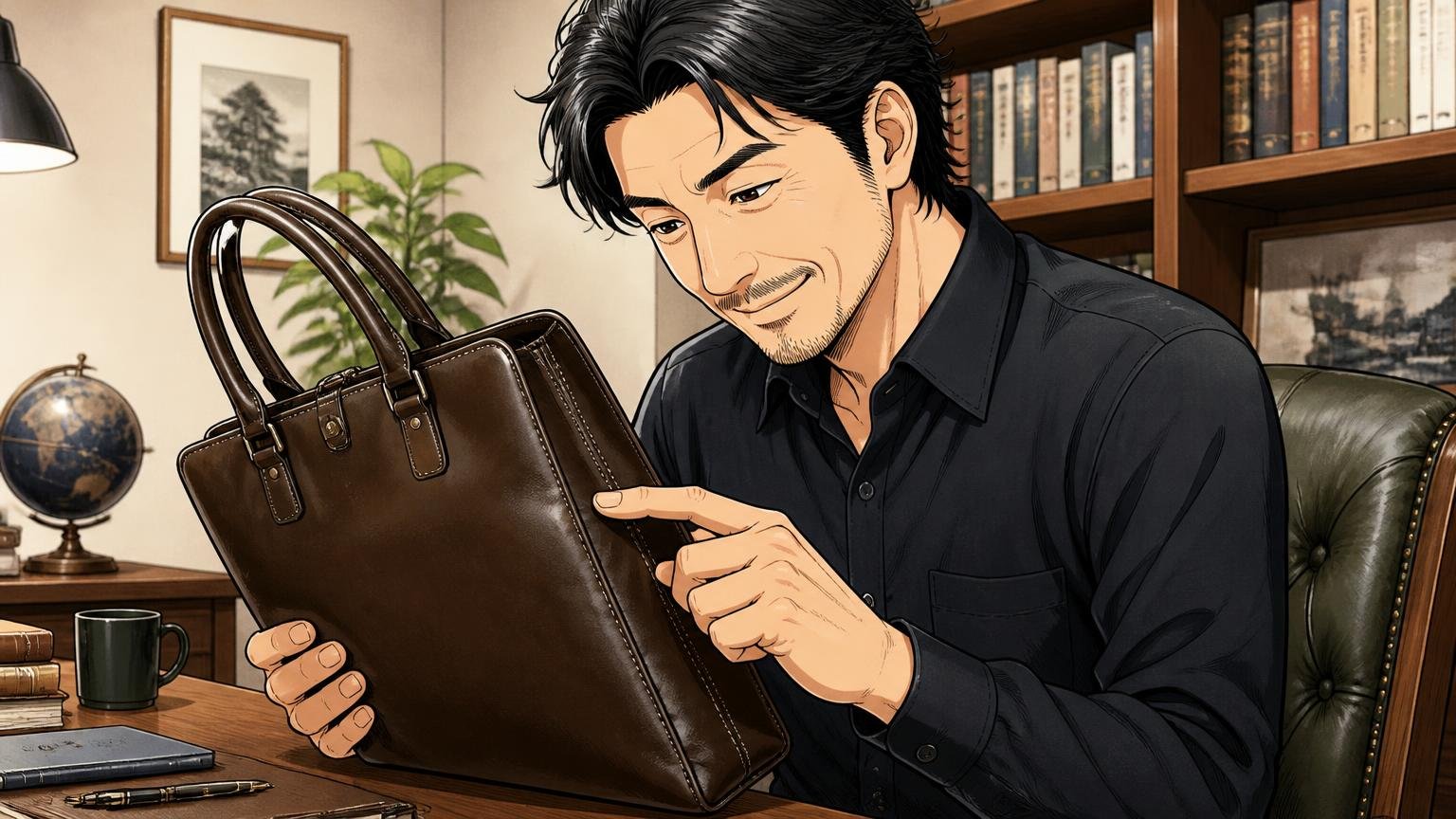 3万〜6万円台で日本製の革バッグを持ちたい人 自宅の書斎で新品の革バッグの縫い目を指でなぞって確かめる40代男性1人が満足げな表情の場面