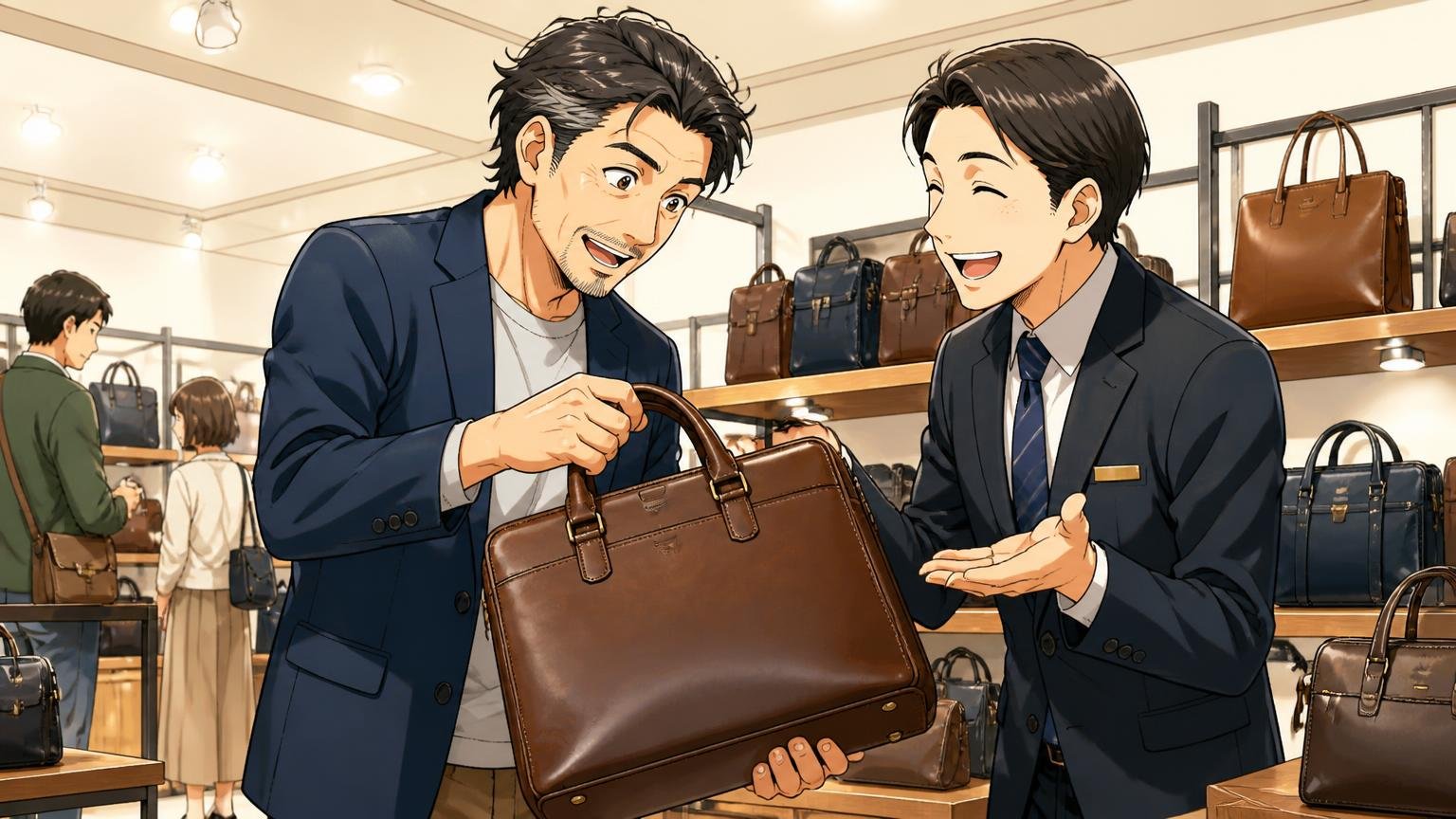 実物を見られる場所 百貨店の鞄売り場で店員と一緒に革バッグの重さを確かめる40代男性1人と店員1人が笑顔で話す場面