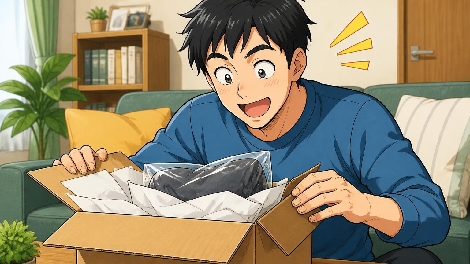 送料と返品条件の違いも、通販で買う前に確認しておきたい、リビングで届いた箱を開け安堵する男性1人