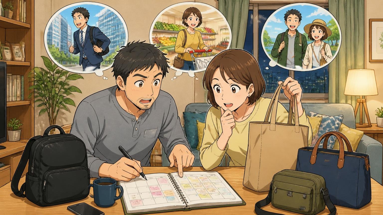 迷ったら「使う場面」を3つに分けて考える、夜のリビングで手帳に1週間の予定を書き出しながらバッグを選ぶ40代夫婦の場面