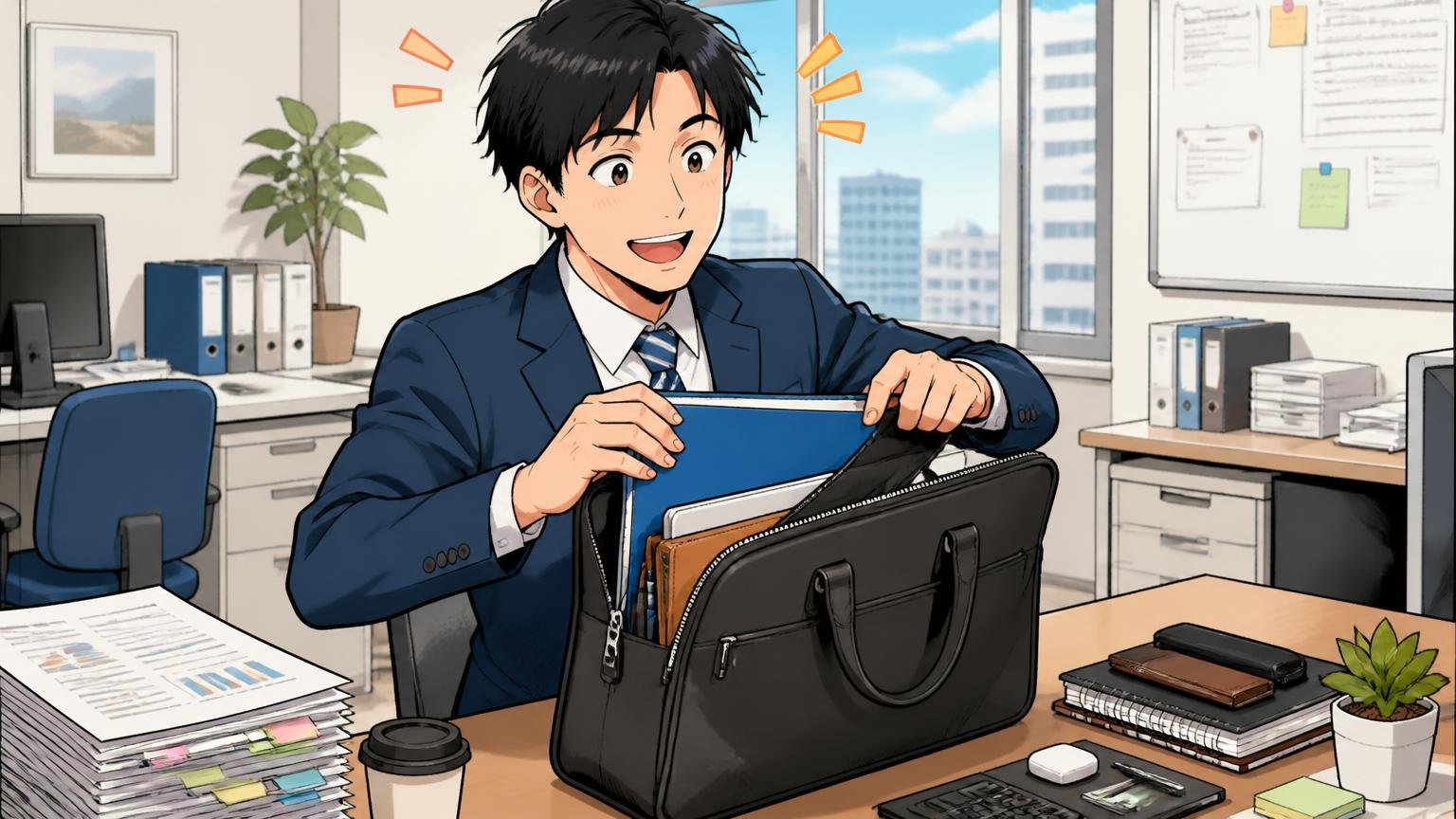 仕事道具がきれいに収まる収納力（ただし重さには注意） オフィスのデスクの上で書類や小物をバッグにきれいに詰めて満足げな30代男性1人