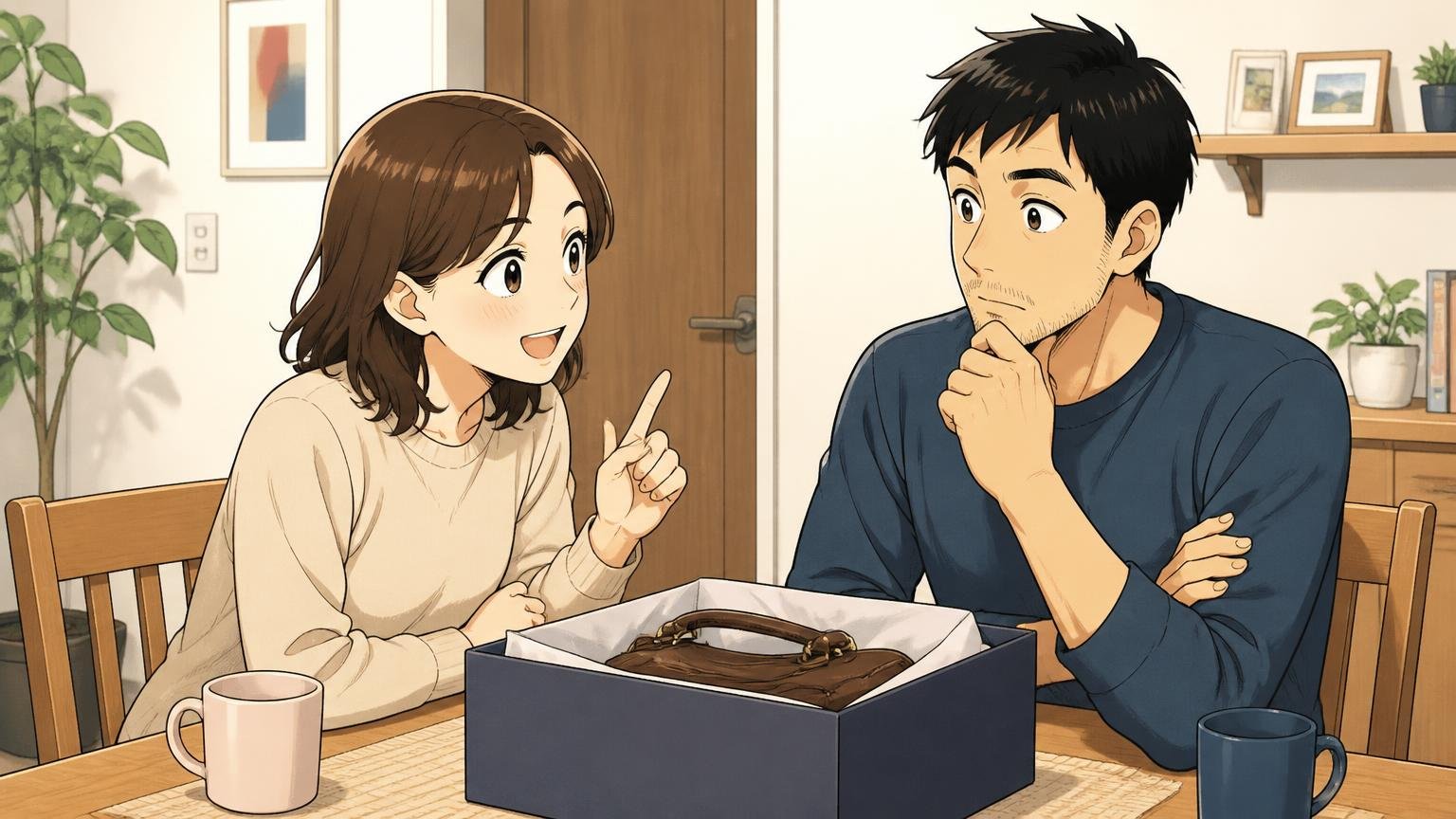 夫へのギフトは使う場面を先に聞く、自宅のダイニングで革バッグの箱を前に夫にさりげなく質問する30代の妻の場面