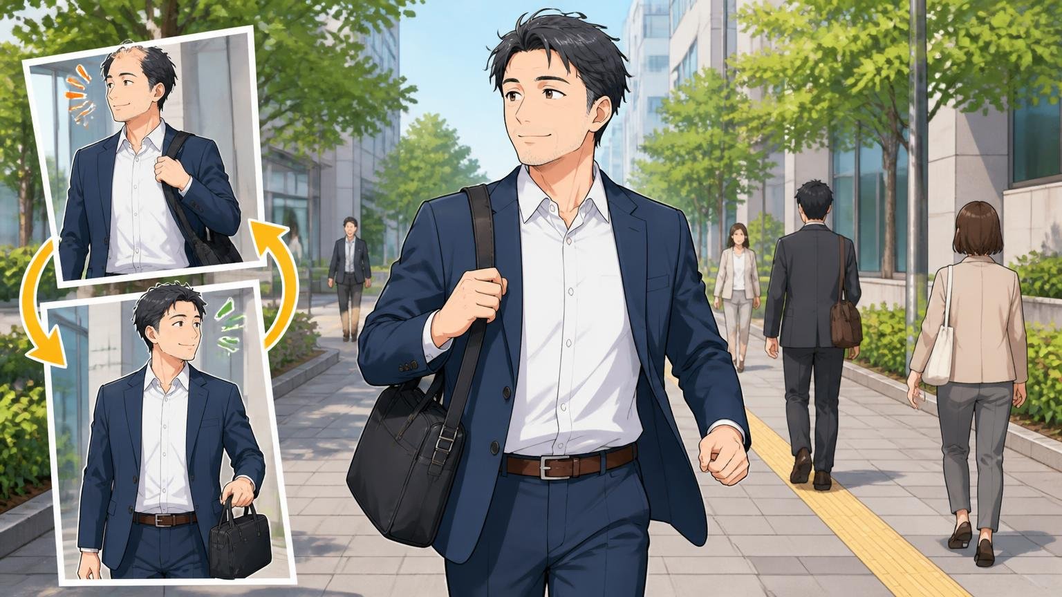 左右の持ち替えと、肩掛け・手持ちの切り替えで負担を分散する、通勤の歩道でバッグを左右に持ち替える場面、40代男性1人が軽やかに歩く