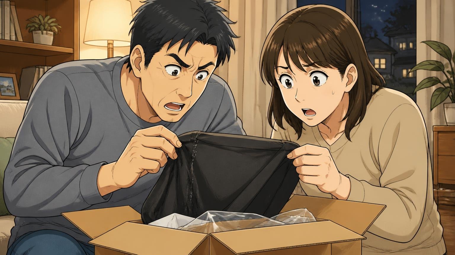返品は「初期不良・未使用・7日以内」だけ|修理の窓口も先に確認、夜のリビングで届いた箱を開ける40代夫婦2人が縫い目を確かめる場面