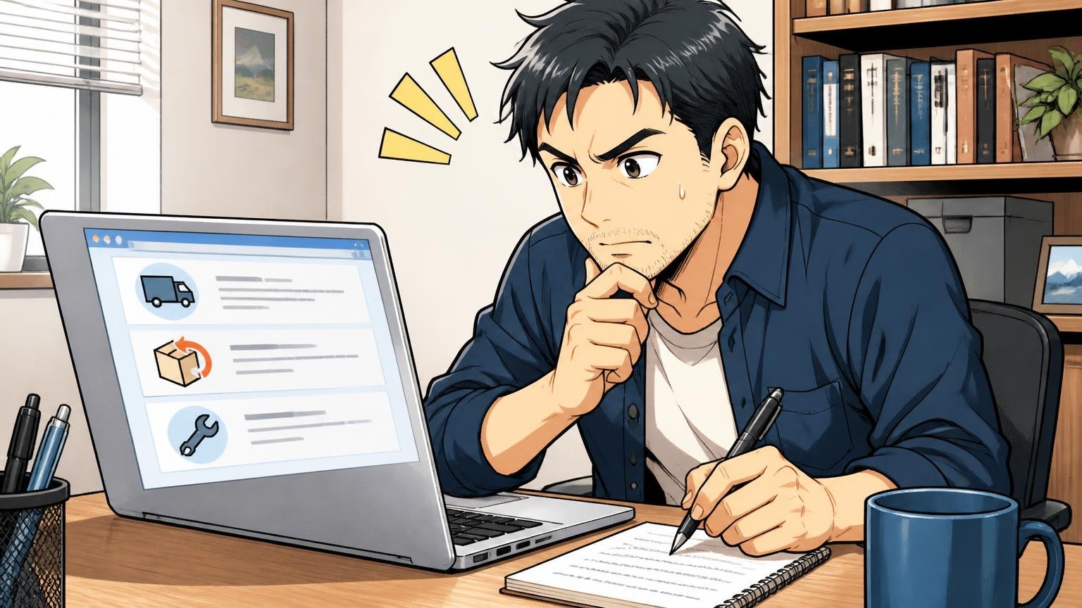送料・返品・修理の条件は購入前に公式で確認する 自宅の書斎でノートPCの購入条件ページを見ながらメモを取る40代男性の場面