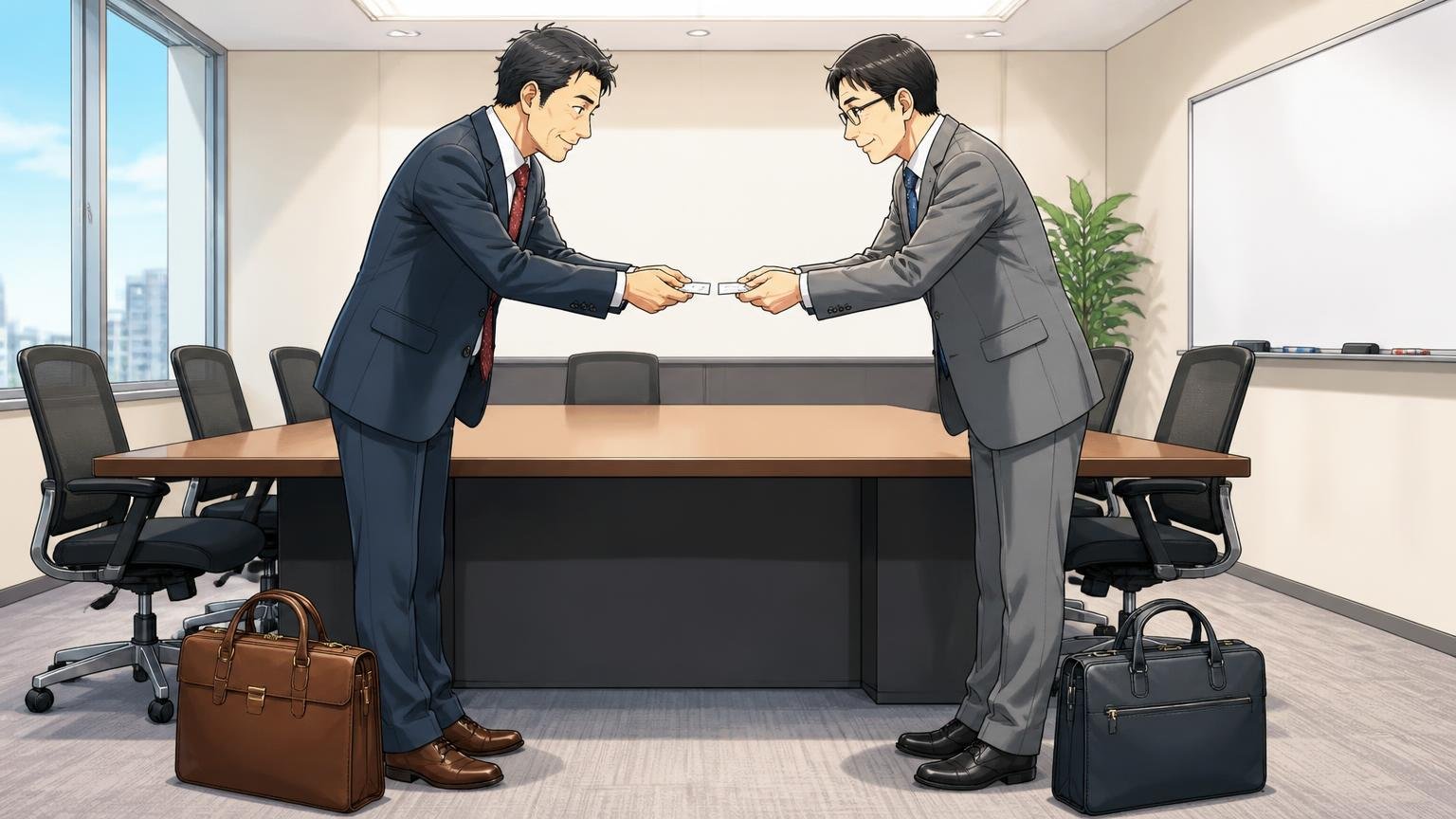 スーツと商談ではやわらかい雰囲気の好みが分かれる。会議室で名刺交換する40代男性2人の足元に革バッグが置かれた場面