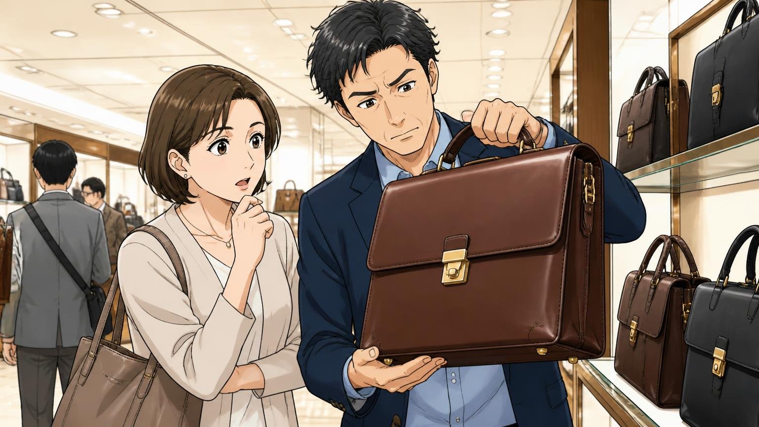 実物は取扱店で確かめ、返品・修理の条件を先に読む 百貨店の鞄売り場で革のブリーフケースを手に取り重さを確かめる40代男性と妻の2人