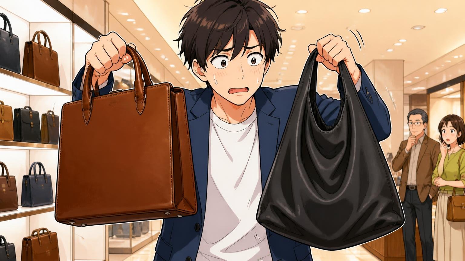 「最初は硬い」「柔らかすぎて自立しない」シリーズで革がまったく違う　百貨店の売り場で男性が2つの革バッグを両手で持ち比べ戸惑う場面
