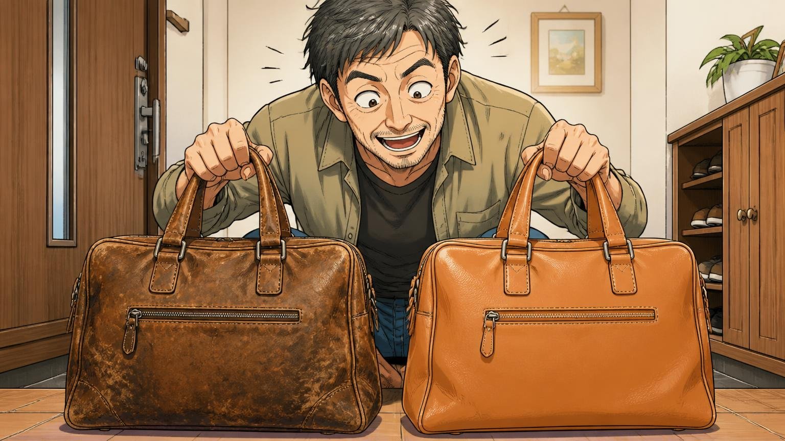 6年・8年使って、同じバッグを買い直した人たち 自宅の玄関で古い革バッグと新品の同じバッグを並べて見比べる50代男性1人