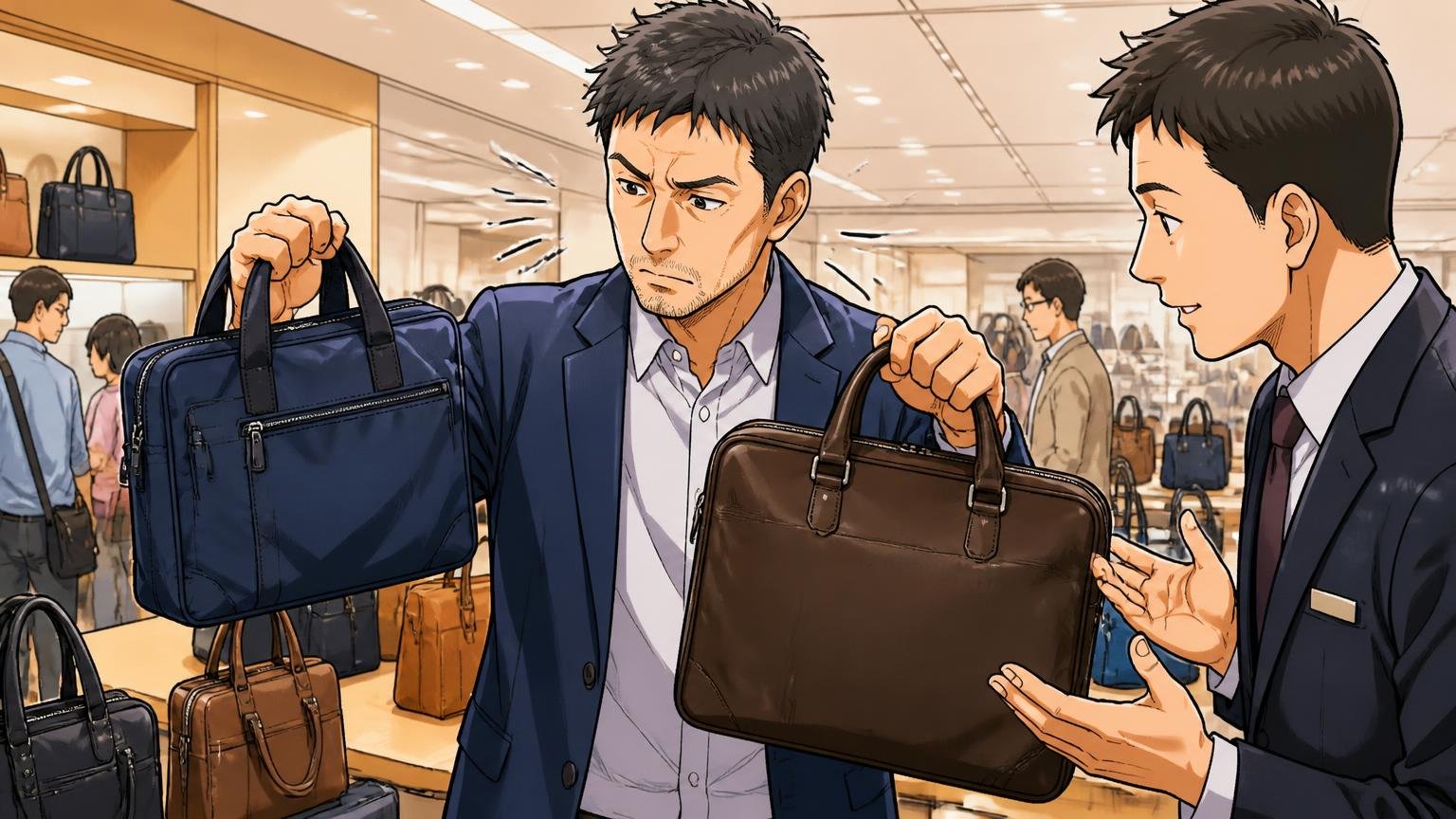 迷ったら用途と軽さか革かの2つで決める。百貨店の鞄売り場でナイロンと革のバッグを両手に持ち比べ、真剣な顔で見比べる40代男性と販売員の2人